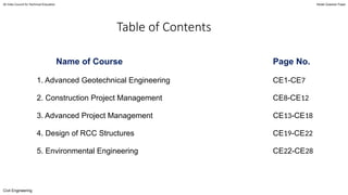 Table of Contents
Name of Course Page No.
1. Advanced Geotechnical Engineering CE1-CE7
2. Construction Project Management CE8-CE12
3. Advanced Project Management CE13-CE18
4. Design of RCC Structures CE19-CE22
5. Environmental Engineering CE22-CE28
All India Council for Technical Education Model Question Paper
Civil Engineering
 