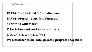 SAR Structure
PART-A (Institutional Information) and
PART-B (Program Specific Information)
10 criteria with marks.
Criteria have sub and sub-sub criteria
CAY, CAYm1, CAYm2, CAYm3
Process description, data, process progress snapshots
 