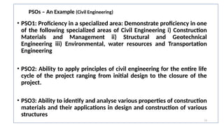 13
PSOs – An Example (Civil Engineering)
• PSO1: Proficiency in a specialized area: Demonstrate proficiency in one
of the following specialized areas of Civil Engineering i) Construction
Materials and Management ii) Structural and Geotechnical
Engineering iii) Environmental, water resources and Transportation
Engineering
• PSO2: Ability to apply principles of civil engineering for the entire life
cycle of the project ranging from initial design to the closure of the
project.
• PSO3: Ability to identify and analyse various properties of construction
materials and their applications in design and construction of various
structures
 