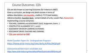 17
Course Outcomes- COs
COs are also known as Learning Outcomes (for instance in ABET)
Given a curriculum, we design and detail courses in terms of
syllabus description, pre-requisites, credits (L-T-P-C) text book(s),
reference book(s), Question Bank, content details of units, Lesson-Plan, Assessment.
Implementing a course comprises:
• TEACHING, LEARNING and ASSESSMENT (QUIZ, Assignment, Exams ..)
• CONSTRUCTIVE ALLIGNMENT OF T, L and A
• ASSESSMENT DRIVEN BY LEARNING-OUTCOMES
• ASSESSMENT DRIVES TEACHING AND LEARNING
• COs are central to OBE
Model Question Papers for Undergraduate Programs
https://www.aicte-india.org/sites/default/files/MQP.pdf
EXAMINATION REFORM POLICY, NOVEMBER 2018
https://www.aicte-india.org/sites/default/files/ExaminationReforms.pdf
 
