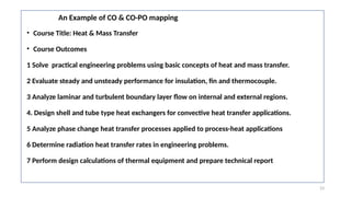 23
An Example of CO & CO-PO mapping
• Course Title: Heat & Mass Transfer
• Course Outcomes
1 Solve practical engineering problems using basic concepts of heat and mass transfer.
2 Evaluate steady and unsteady performance for insulation, fin and thermocouple.
3 Analyze laminar and turbulent boundary layer flow on internal and external regions.
4. Design shell and tube type heat exchangers for convective heat transfer applications.
5 Analyze phase change heat transfer processes applied to process-heat applications
6 Determine radiation heat transfer rates in engineering problems.
7 Perform design calculations of thermal equipment and prepare technical report
 