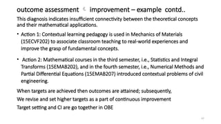 47
outcome assessment  improvement – example contd..
This diagnosis indicates insufficient connectivity between the theoretical concepts
and their mathematical applications.
• Action 1: Contextual learning pedagogy is used in Mechanics of Materials
(15ECVF202) to associate classroom teaching to real-world experiences and
improve the grasp of fundamental concepts.
• Action 2: Mathematical courses in the third semester, i.e., Statistics and Integral
Transforms (15EMAB202), and in the fourth semester, i.e., Numerical Methods and
Partial Differential Equations (15EMAB207) introduced contextual problems of civil
engineering.
When targets are achieved then outcomes are attained; subsequently,
We revise and set higher targets as a part of continuous improvement
Target setting and CI are go together in OBE
 