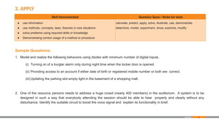 82
3. APPLY
Skill Demonstrated Question Ques / Verbs for tests
● use information
● use methods, concepts, laws, theories in new situations
● solve problems using required skills or knowledge
● Demonstrating correct usage of a method or procedure
calculate, predict, apply, solve, illustrate, use, demonstrate,
determine, model, experiment, show, examine, modify
Sample Questions:
1. Model and realize the following behaviors using diodes with minimum number of digital inputs.
(i) Turning on of a burglar alarm only during night time when the locker door is opened.
(ii) Providing access to an account if either date of birth or registered mobile number or both are correct.
(iii) Updating the parking slot empty light in the basement of a shopping mall.
2. One of the resource persons needs to address a huge crowd (nearly 400 members) in the auditorium. A system is to be
designed in such a way that everybody attending the session should be able to hear properly and clearly without any
disturbance. Identify the suitable circuit to boost the voice signal and explain its functionality in brief.
Appendix
 