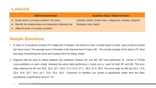 85
Skill Demonstrated Question Ques / Verbs for tests
● break down a complex problem into parts.
● Identify the relationships and interaction between the
● different parts of complex problem
classify, outline, break down, categorize, analyse, diagram,
illustrate, infer, select
Sample Questions:
1. A class of 10 students consists of 5 males and 5 females. We intend to train a model based on their past scores to predict
the future score. The average score of females is 60 whereas that of male is 80. The overall average of the class is 70. Give
two ways of predicting the score and analyse them for fitting model.
2. Suppose that we want to select between two prediction models, M1 and M2. We have performed 10 rounds of 10-fold
cross-validation on each model, whereas the same data partitioning in round one is used for both M1 and M2. The error
rates obtained for M1 are 30.5, 32.2, 20.7, 20.6, 31.0, 41.0, 27.7, 26.0, 21.5, 26.0. The error rates for M2 are 22.4, 14.5,
22.4, 19.6, 20.7, 20.4, 22.1, 19.4, 16.2, 35.0. Comment on whether one model is significantly better than the other
considering a significance level of 1%.
Examination Reform Policy
4. ANALYZE
 