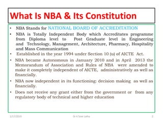 What Is NBA & Its Constitution
• NBA Stands for NATIONAL BOARD OF ACCREDITATION
• NBA is Totally Independent Body which Accreditates programme
from Diploma level to Post Graduate level in Engineering
and Technology, Management, Architecture, Pharmacy, Hospitality
and Mass Communication
• Established in the year 1994 under Section 10 (u) of AICTE Act.
• NBA became Autonomous in January 2010 and in April 2013 the
Memorandum of Association and Rules of NBA were amended to
make it completely independent of AICTE, administratively as well as
financially.
• NBA now independent in its functioning: decision making as well as
financially.
• Does not receive any grant either from the government or from any
regulatory body of technical and higher education
1/17/2019 2Dr K Sree Latha
 