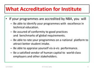 What Accreditation for Institute
• If your programmes are accredited by NBA, you will
– Be able to identify your programmes with excellence in
technical education.
– Be assured of conformity to good practices
and benchmarks of global requirements.
– Be able to rate your programmes on a national platform to
attract better student intake.
– Be able to appraise yourself vis-à-vis performance.
– Be a satisfied vendor of human capital to world-class
employers and other stakeholders.
1/17/2019 3Dr K Sree Latha
 