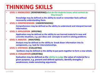 • LEVEL 1: KNOWLEDGE( (REMENBERING)what do the students know; what content do
they know?)
Knowledge may be defined as the ...
