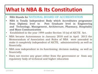 What Is NBA & Its Constitution
• NBA Stands for NATIONAL BOARD OF ACCREDITATION
• NBA is Totally Independent Body which Ac...