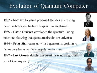 Evolution of Quantum Computer
1982 – Richard Feyman proposed the idea of creating
machine based on the laws of quantum mechanics.
1985 – David Deutsch developed the quantum Turing
machine, showing that quantum circuits are universal.
1994 – Peter Shor came up with a quantum algorithm to
factor very large numbers in polynomial time.
1997 – Lov Grover develops a quantum search algorithm
with O() complexity.
 