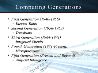 Computing Generations
• First Generation (1940-1956)
– Vacuum Tubes
• Second Generation (1956-1963)
– Transistors
• Third Generation (1964-1971)
– Integrated Circuits
• Fourth Generation (1971-Present)
– Microprocessors
• Fifth Generation (Present and Beyond)
– Artificial Intelligence
8
 