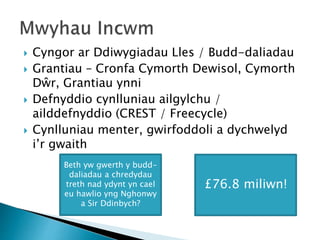  Cyngor ar Ddiwygiadau Lles / Budd-daliadau
 Grantiau – Cronfa Cymorth Dewisol, Cymorth
Dŵr, Grantiau ynni
 Defnyddio cynlluniau ailgylchu /
ailddefnyddio (CREST / Freecycle)
 Cynlluniau menter, gwirfoddoli a dychwelyd
i’r gwaith
Beth yw gwerth y budd-
daliadau a chredydau
treth nad ydynt yn cael
eu hawlio yng Nghonwy
a Sir Ddinbych?
£76.8 miliwn!
 