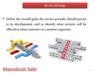 • Define the overall goals the service provider should pursue
in its development, and to identify what services will be
offered to whatcustomers or customer segments
14
Service Strategy
 
