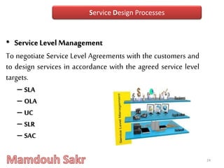 • Service Level Management
To negotiate Service Level Agreements with the customers and
to design services in accordance with the agreed service level
targets.
– SLA
– OLA
– UC
– SLR
– SAC
24
Service Design Processes
 