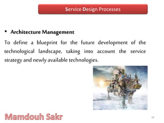 • ArchitectureManagement
To define a blueprint for the future development of the
technological landscape, taking into account the service
strategy and newlyavailable technologies.
28
Service Design Processes
 