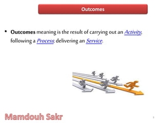 • Outcomes meaningis theresult of carrying out an Activity,
following a Process; delivering anService.
3
Outcomes
 