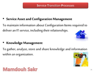 • Service Asset and ConfigurationManagement
To maintain information about Configuration Items required to
deliver an IT service, includingtheirrelationships.
• KnowledgeManagement
To gather, analyze, store and share knowledge and information
withinan organization.
36
Service Transition Processes
 