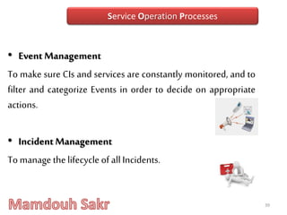 • Event Management
To make sure CIs and services are constantly monitored, and to
filter and categorize Events in order to decide on appropriate
actions.
• IncidentManagement
To managethelifecycle of allIncidents.
39
Service Operation Processes
 