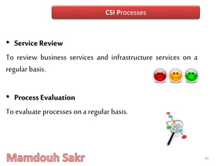 • Service Review
To review business services and infrastructure services on a
regular basis.
• Process Evaluation
To evaluate processes on a regular basis.
45
CSI Processes
 