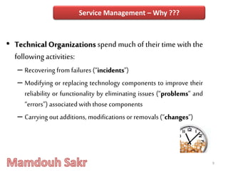 • Technical Organizations spend much of their time with the
following activities:
– Recovering from failures (“incidents”)
– Modifying or replacing technology components to improve their
reliability or functionality by eliminating issues (“problems” and
“errors”) associated with those components
– Carrying out additions, modifications or removals (“changes”)
9
Service Management – Why ???
 