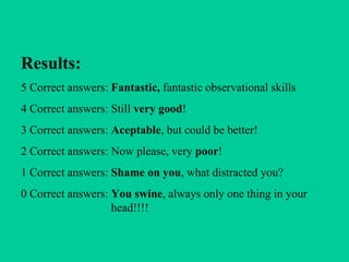 Results: 5 Correct answers:  Fantastic,  fantastic observational skills 4 Correct answers: Still  very good ! 3 Correct answers:  Aceptable , but could be better! 2 Correct answers: Now please, very  poor ! 1 Correct answers:  Shame on you , what distracted you? 0 Correct answers:  You swine , always only one thing in your    head!!!! 