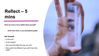 Reflect – 5
mins
What are some of your beliefs about yourself?
(write them down in your participants guide)
Ask Yourself:
• Is this true?
• Is this helpful?
• How does this affect the way you act?
• How could it be different if you didn’t carry this
belief?
 