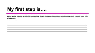 My first step is….
What is one specific action (no matter how small) that you committing to doing this week coming from this
workshop?
___________________________________________________________________________________________
___________________________________________________________________________________________
___________________________________________________________________________________________
___________________________________________________________________________________________
 