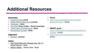 Additional Resources
Awareness
• Intuitive Fences article
• Beliefs Before Behaviours podcast
• Habitudes – Book
• The Work (Bryon Katie) – Book & exercises
• Three Laws of Performance - Book
• Reinventing Yourself – Book
Alignment
• Mindset - podcast
Action
• One Small Step Can Change Your Life, by
Robert Maurer - Book
• Atomic Habits – James Clear - Book
• Vision
• https://novus.global/ways-you-might-be-
lacking-direction/ - Article
• SMART goals -
https://www.forbes.com/advisor/business/sma
rt-goals/ - Article
• https://asana.com/resources/smart-goals –
Article
 