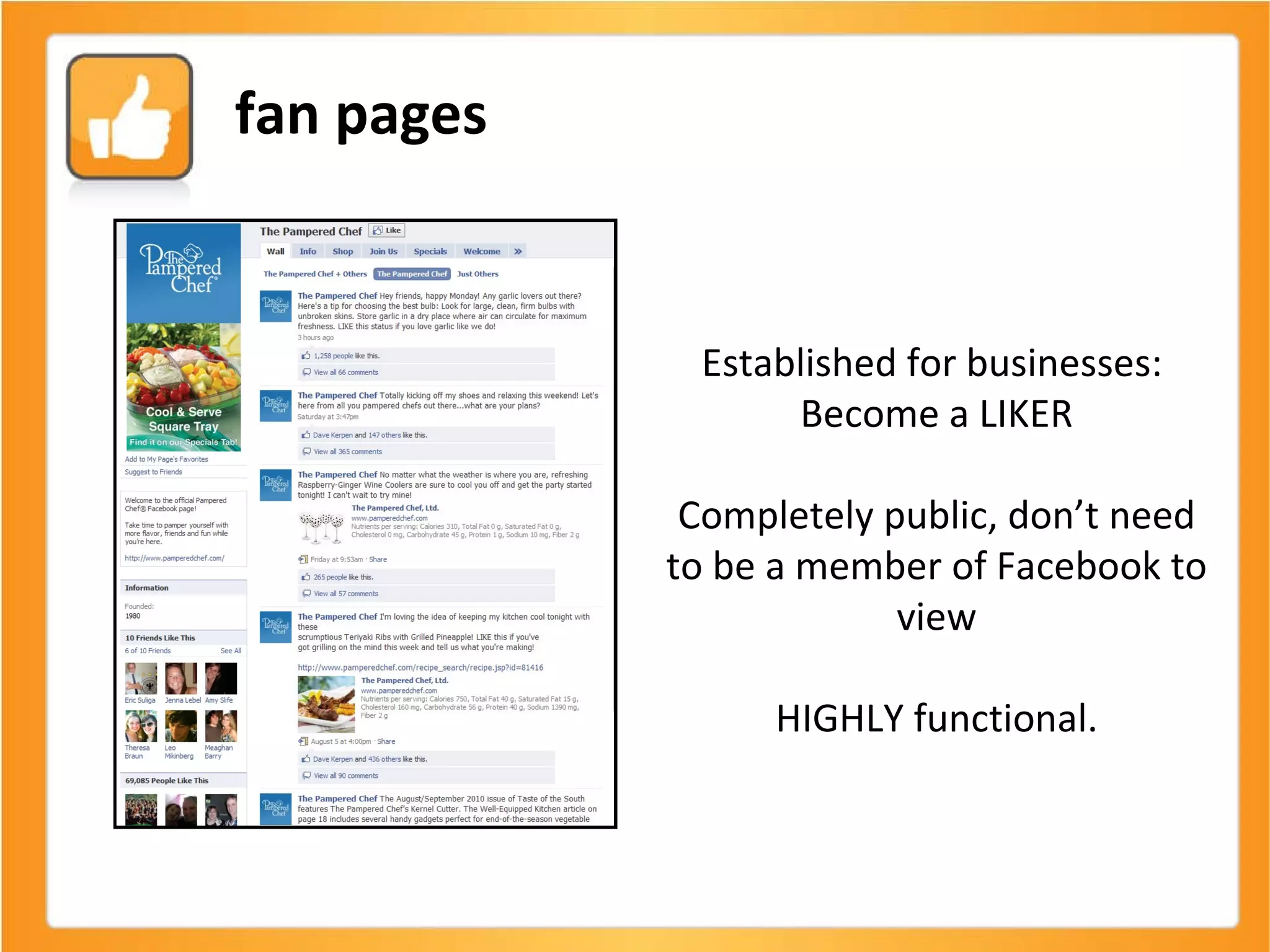 Established for businesses:  Become a LIKER Completely public, don’t need to be a member of Facebook to view HIGHLY functional. fan pages 