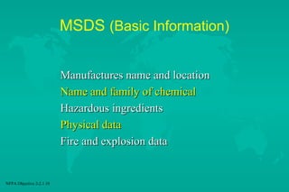 MSDS (Basic Information)
Manufactures name and location
Name and family of chemical
Hazardous ingredients
Physical data
Fire and explosion data

NFPA Objective 2-2.1.10

 