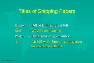 Titles of Shipping Papers
Highway - Bill of lading/freight bill
Rail
- Waybill and consist
Water - Dangerous cargo manifest
Air
- Air bill with shippers certification
for restricted articles

NFPA Objective 2-2.1.10.4

 