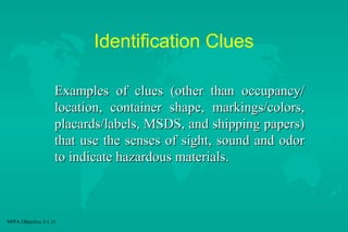 Identification Clues
Examples of clues (other than occupancy/
location, container shape, markings/colors,
placards/labels, MSDS, and shipping papers)
that use the senses of sight, sound and odor
to indicate hazardous materials.

NFPA Objective 2-1.11

 