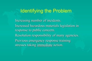 Identifying the Problem
Increasing number of incidents.
Increased hazardous materials legislation in
response to public concern.
Resolution responsibility of many agencies.
Previous emergency response training
stresses taking immediate action.

 