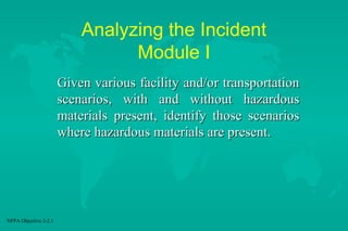 Analyzing the Incident
Module I
Given various facility and/or transportation
scenarios, with and without hazardous
materials present, identify those scenarios
where hazardous materials are present.

NFPA Objective 2-2.1

 