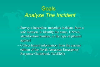 Goals
Analyze The Incident
– Survey a hazardous materials incident, from a
safe location, to identify the name, UN/NA
identification number, or the type of placard
applied
– Collect hazard information from the current
edition of the North American Emergency
Response Guidebook (NAERG)

 