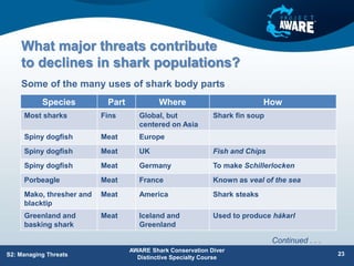 What major threats contribute
to declines in shark populations?
Some of the many uses of shark body parts
AWARE Shark Conservation Diver
Distinctive Specialty Course
23
S2: Managing Threats
Species Part Where How
Most sharks Fins Global, but
centered on Asia
Shark fin soup
Spiny dogfish Meat Europe
Spiny dogfish Meat UK Fish and Chips
Spiny dogfish Meat Germany To make Schillerlocken
Porbeagle Meat France Known as veal of the sea
Mako, thresher and
blacktip
Meat America Shark steaks
Greenland and
basking shark
Meat Iceland and
Greenland
Used to produce hákarl
Continued . . .
 