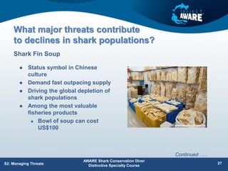 What major threats contribute
to declines in shark populations?
 Status symbol in Chinese
culture
 Demand fast outpacing supply
 Driving the global depletion of
shark populations
 Among the most valuable
fisheries products
 Bowl of soup can cost
US$100
Shark Fin Soup
AWARE Shark Conservation Diver
Distinctive Specialty Course
27
S2: Managing Threats
Continued . . .
 