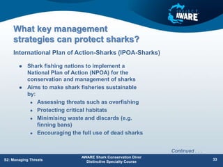 What key management
strategies can protect sharks?
 Shark fishing nations to implement a
National Plan of Action (NPOA) for the
conservation and management of sharks
 Aims to make shark fisheries sustainable
by:
 Assessing threats such as overfishing
 Protecting critical habitats
 Minimising waste and discards (e.g.
finning bans)
 Encouraging the full use of dead sharks
International Plan of Action-Sharks (IPOA-Sharks)
AWARE Shark Conservation Diver
Distinctive Specialty Course
33
S2: Managing Threats
Continued . . .
 