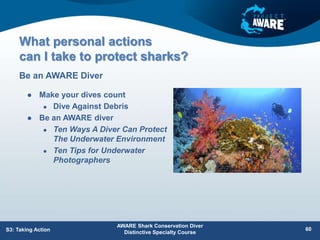 What personal actions
can I take to protect sharks?
 Make your dives count
 Dive Against Debris
 Be an AWARE diver
 Ten Ways A Diver Can Protect
The Underwater Environment
 Ten Tips for Underwater
Photographers
Be an AWARE Diver
AWARE Shark Conservation Diver
Distinctive Specialty Course
60
S3: Taking Action
 