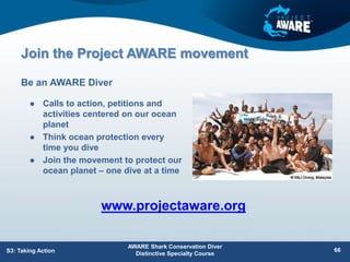 Join the Project AWARE movement
 Calls to action, petitions and
activities centered on our ocean
planet
 Think ocean protection every
time you dive
 Join the movement to protect our
ocean planet – one dive at a time
Be an AWARE Diver
AWARE Shark Conservation Diver
Distinctive Specialty Course
66
S3: Taking Action
www.projectaware.org
 
