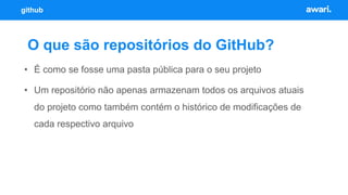 O que são repositórios do GitHub?
github
• É como se fosse uma pasta pública para o seu projeto
• Um repositório não apena...