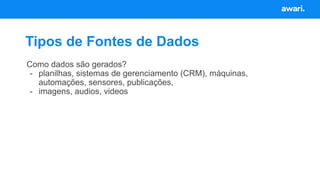 Como dados são gerados?
- planilhas, sistemas de gerenciamento (CRM), máquinas,
automações, sensores, publicações,
- imagens, audios, videos
Tipos de Fontes de Dados
 