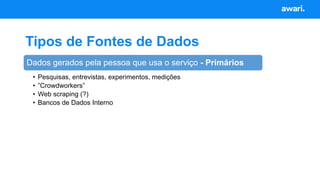 Tipos de Fontes de Dados
• Pesquisas, entrevistas, experimentos, medições
• ”Crowdworkers”
• Web scraping (?)
• Bancos de Dados Interno
Dados gerados pela pessoa que usa o serviço - Primários
 