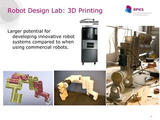 Robot Design Lab: 3D Printing


Larger potential for
  developing innovative robot
  systems compared to when
  using commercial robots.




                                9
 