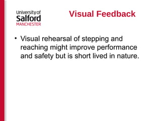 Visual Feedback Visual rehearsal of stepping and reaching might improve performance and safety but is short lived in nature.  
