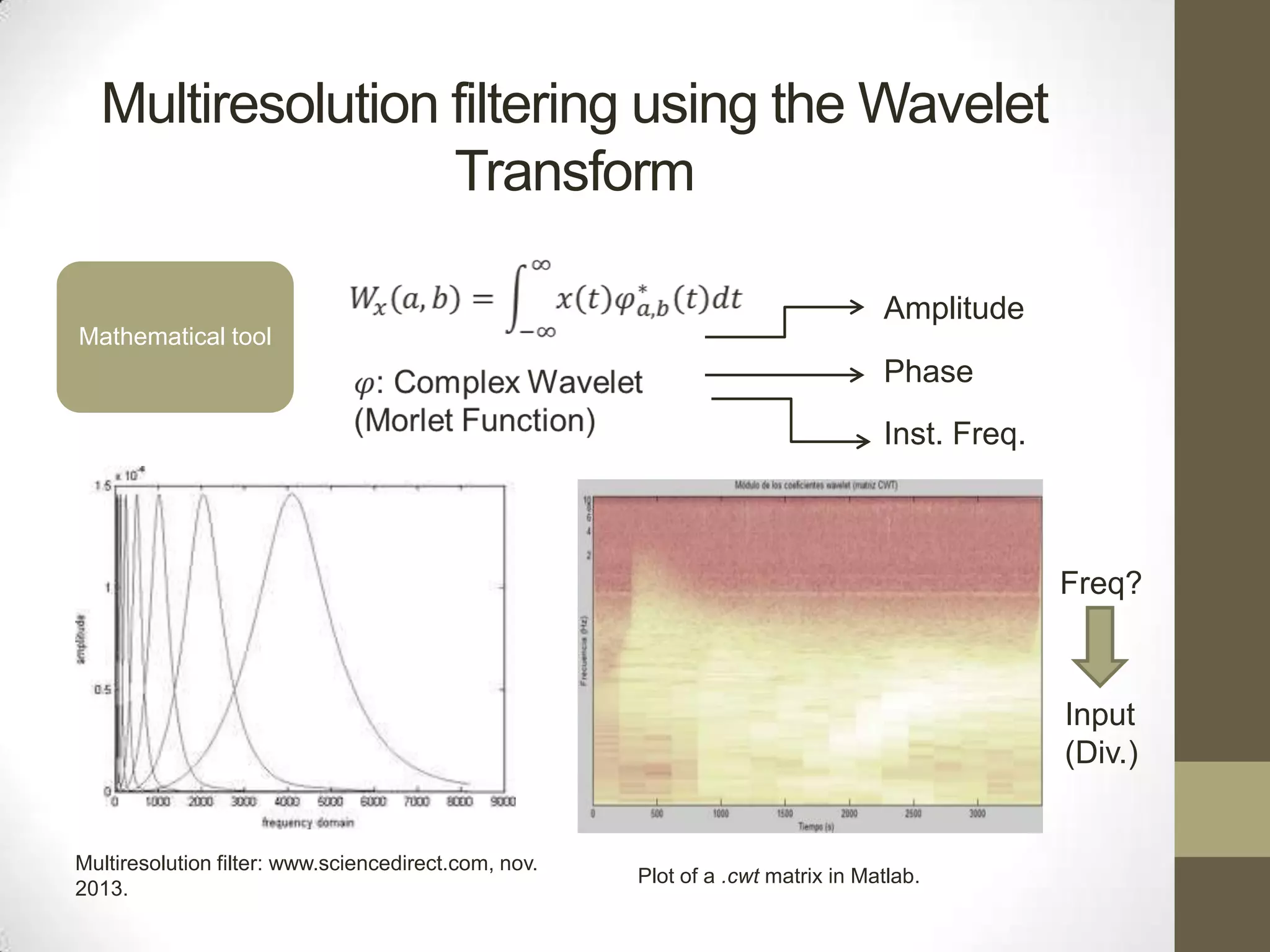 Multiresolution filtering using the Wavelet
Transform
Amplitude
Mathematical tool

Phase
Inst. Freq.

Freq?

Input
(Div.)

Multiresolution filter: www.sciencedirect.com, nov.
2013.

Plot of a .cwt matrix in Matlab.

 