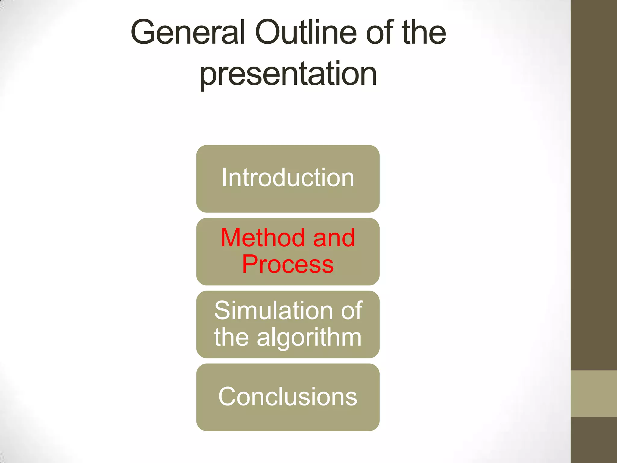 General Outline of the
presentation
Introduction
Method and
Process
Simulation of
the algorithm
Conclusions

 