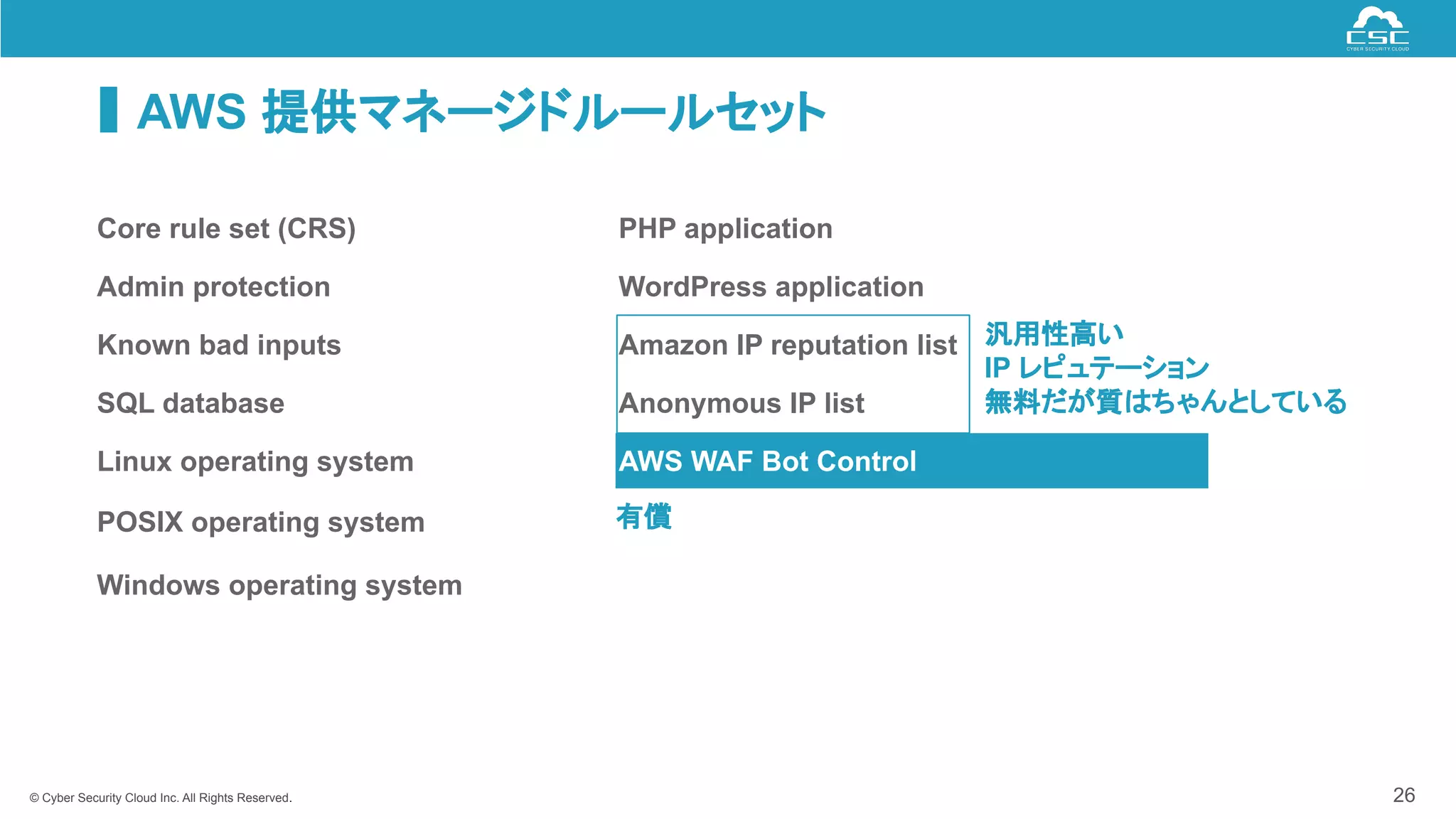 © Cyber Security Cloud Inc. All Rights Reserved.
AWS 提供マネージドルールセット
26
Core rule set (CRS) PHP application
Admin protection WordPress application
Known bad inputs Amazon IP reputation list
SQL database Anonymous IP list
Linux operating system AWS WAF Bot Control
POSIX operating system
Windows operating system
有償
汎用性高い
IP レピュテーション
無料だが質はちゃんとしている
 