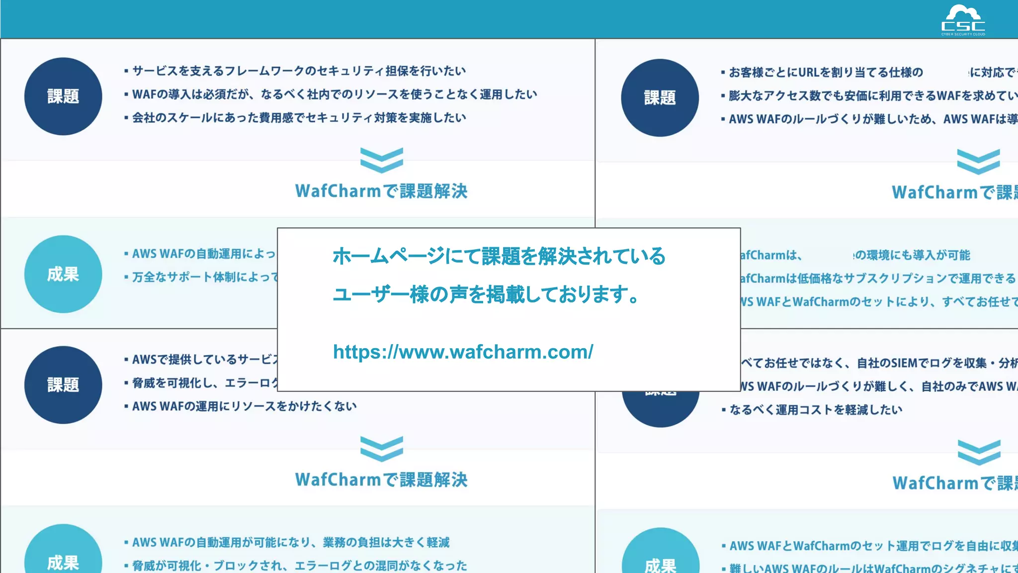 © Cyber Security Cloud Inc. All Rights Reserved. 31
ホームページにて課題を解決されている
ユーザー様の声を掲載しております。
https://www.wafcharm.com/
 