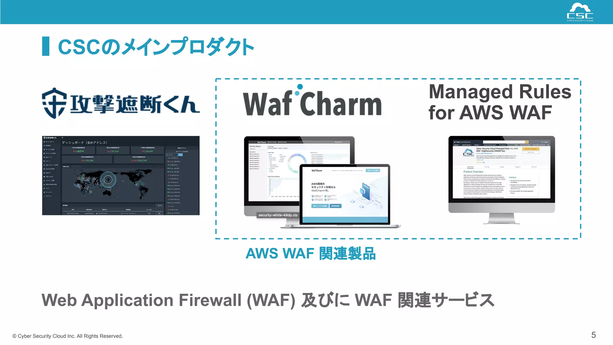 © Cyber Security Cloud Inc. All Rights Reserved.
CSCのメインプロダクト
5
Managed Rules
for AWS WAF
Web Application Firewall (WAF) 及びに WAF 関連サービス
AWS WAF 関連製品
 