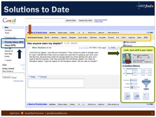 Look, more stuff in your inbox!

                                                                 The magic quadrant

                                                                 Find more emails
                                                                 Read my blog Follow me

                                                      A Gazillion Metrics




April 2011   AwayFind Overview | jared@awayfind.com                                   11
 
